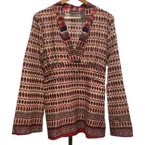 DKNY Jeans Red & Navy Blue Printed Tunic Top – Long Sleeve Cotton